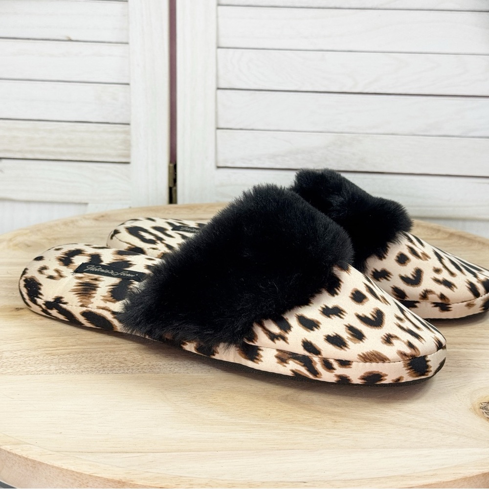 Victorias Secret Leopard Print Faux Fur Trim Satin Slippers Tan Black Medium